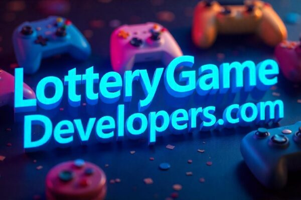 Blue text LotteryGameDevelopers.com on an amazing games related background