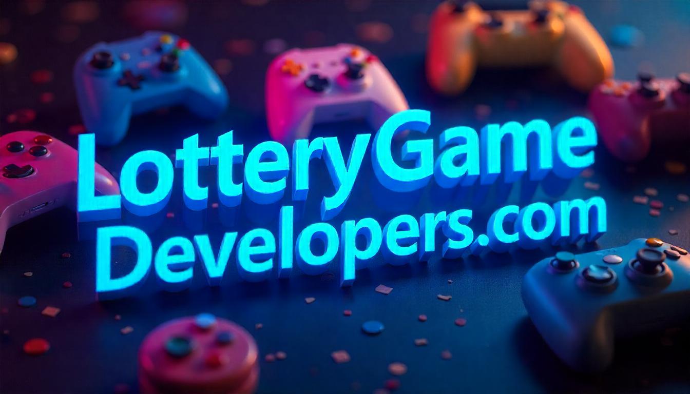 Blue text LotteryGameDevelopers.com on an amazing games related background